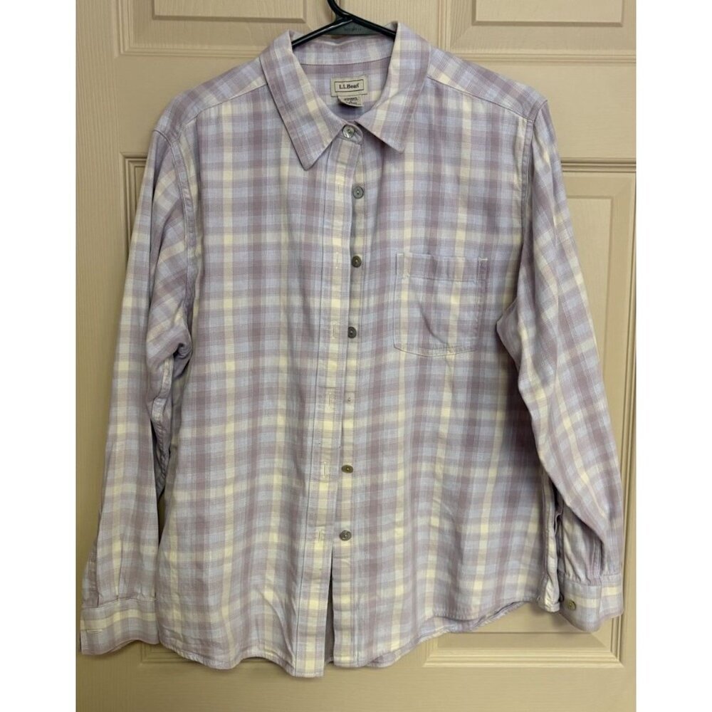 L.L. Bean Shirt Womens L Purple Plaid Long Sleeve Pocket Cotton Shell Button Up